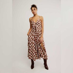 Free People Via Midi Dress S 4 Women's Gingham Brown Cotton Sleeveless NEW 45393
